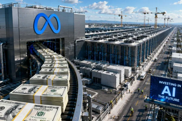 Meta AI data center with stacks of cash symbolizing the company’s $145 billion artificial intelligence spending plan
