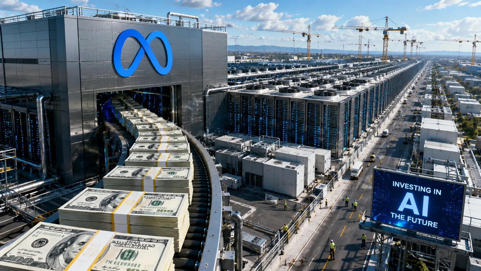 Meta AI data center with stacks of cash symbolizing the company’s $145 billion artificial intelligence spending plan