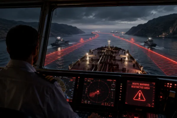 Oil tanker captain navigates Strait of Hormuz as Iran threatens ships with forceful response over restricted routes.