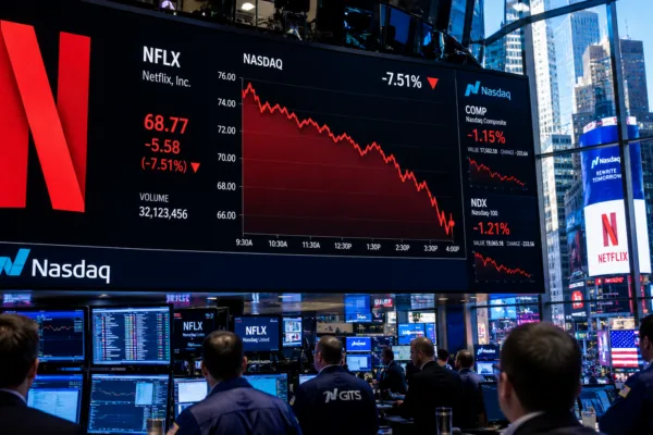 Netflix stock displayed on a Nasdaq trading screen as shares fall after the company's earnings report raised concerns about slowing revenue growth and future expansion.