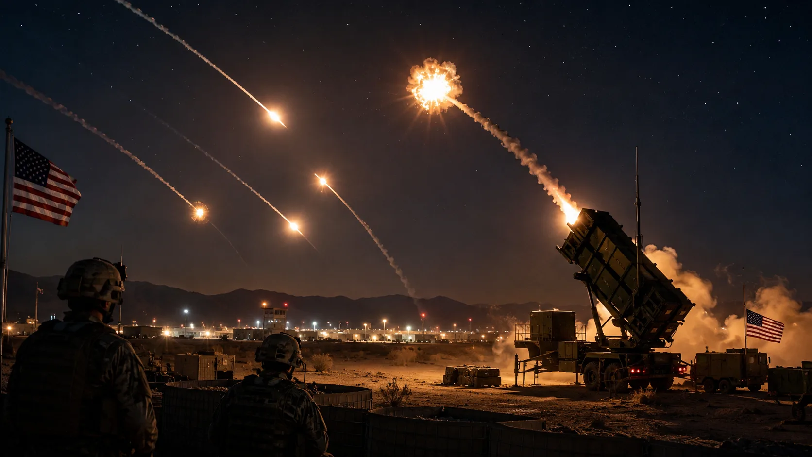 U.S. Patriot missile defense system intercepting incoming missiles over an American military base in Jordan at night