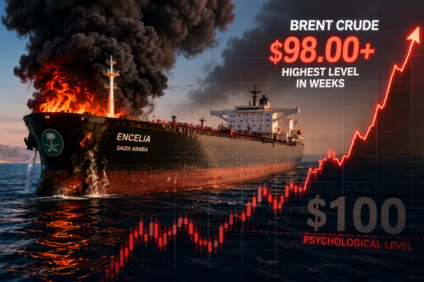 Brent crude oil prices surge toward $100 as a burning Saudi oil tanker in the Red Sea highlights escalating Middle East tensions and shipping disruptions.