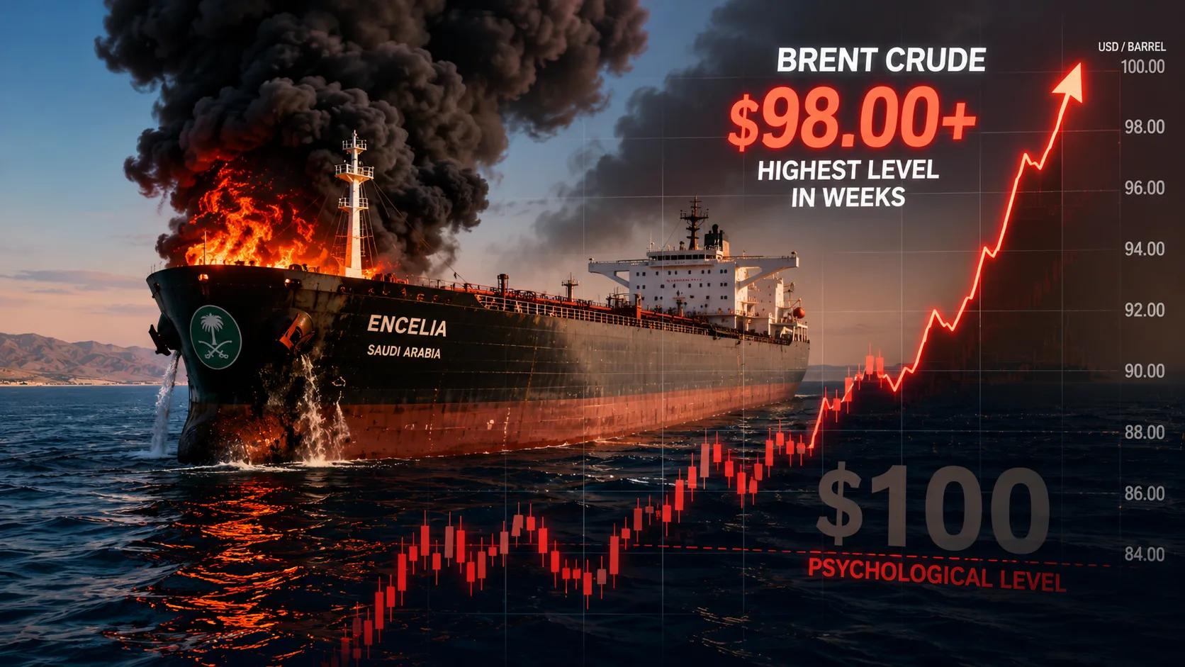 Brent crude oil prices surge toward $100 as a burning Saudi oil tanker in the Red Sea highlights escalating Middle East tensions and shipping disruptions.