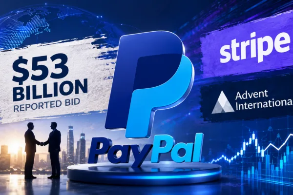 PayPal logo displayed alongside rising stock market charts following reports of a $53 billion takeover bid by Stripe and Advent International.