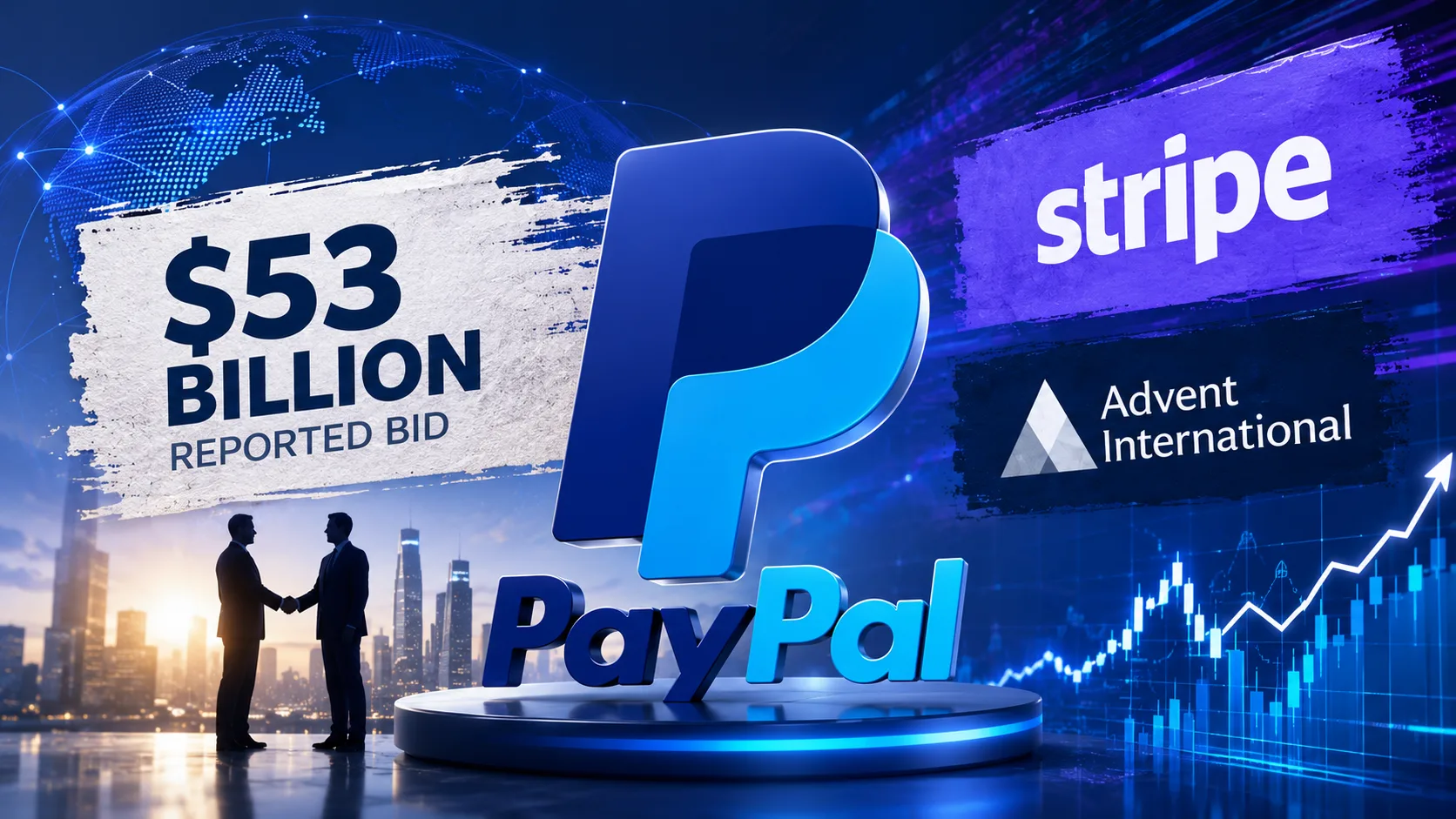 PayPal logo displayed alongside rising stock market charts following reports of a $53 billion takeover bid by Stripe and Advent International.