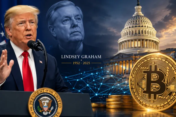 President Donald Trump urges the Senate to pass the Clarity Act cryptocurrency bill following the death of Sen. Lindsey Graham, with Bitcoin and the U.S. Capitol in the background.