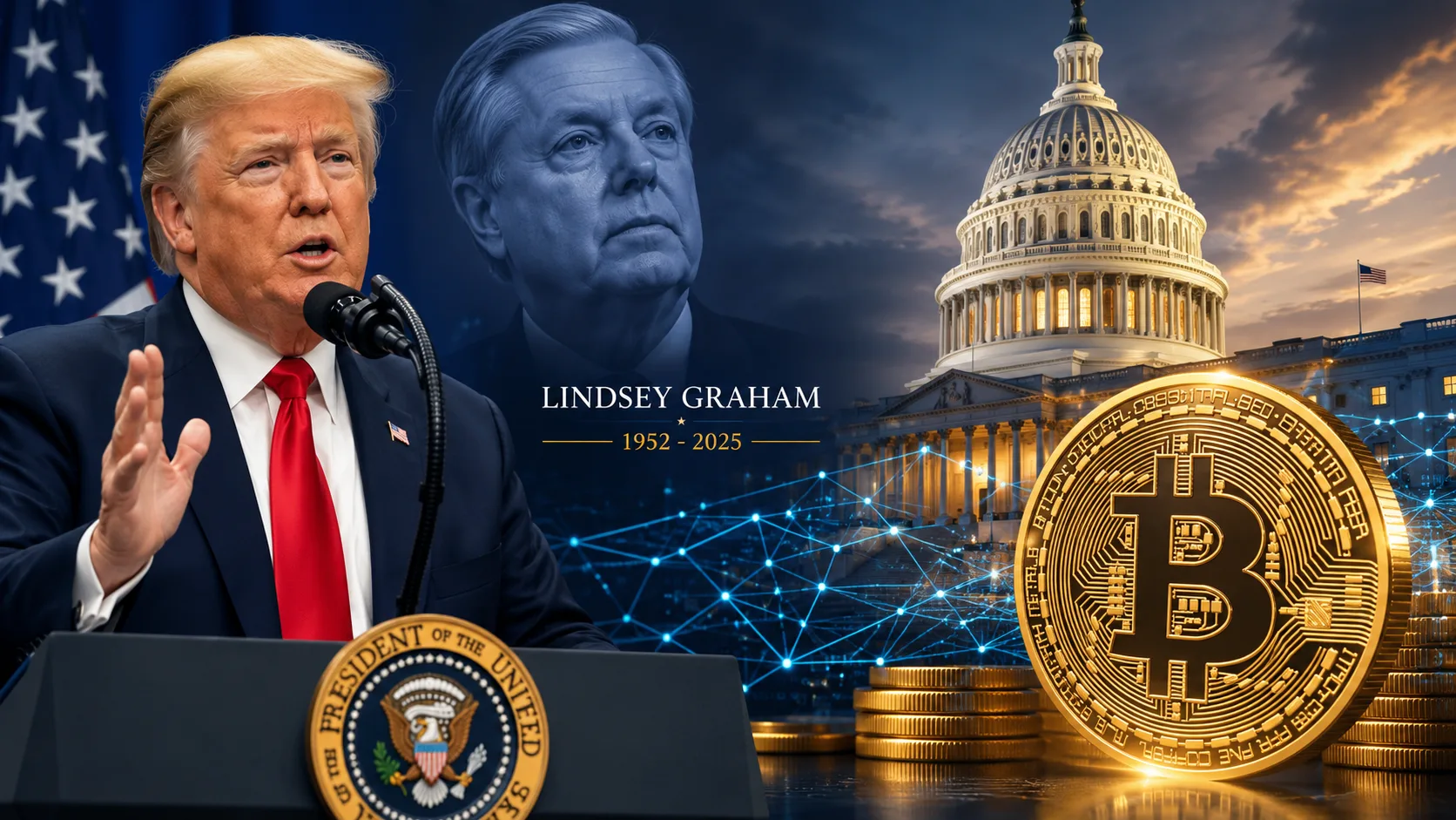 President Donald Trump urges the Senate to pass the Clarity Act cryptocurrency bill following the death of Sen. Lindsey Graham, with Bitcoin and the U.S. Capitol in the background.