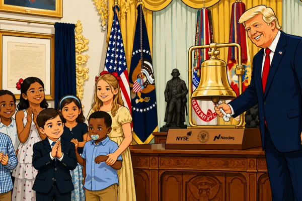 Stylized illustration of President Donald Trump ringing a ceremonial stock market bell as children watch during the launch of Trump Accounts, a new investment savings program for American children.