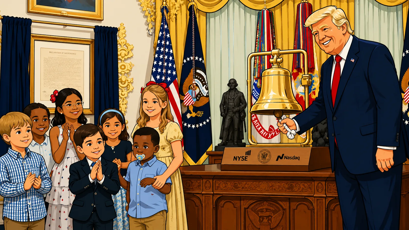 Stylized illustration of President Donald Trump ringing a ceremonial stock market bell as children watch during the launch of Trump Accounts, a new investment savings program for American children.