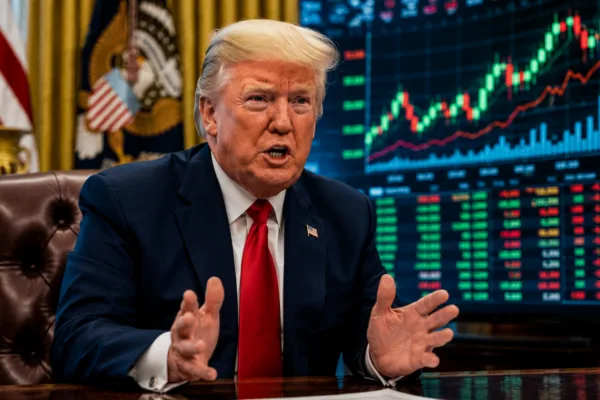 President Donald Trump speaking in the Oval Office with stock market charts displayed behind him during a discussion about the economy, the Federal Reserve, and financial markets.
