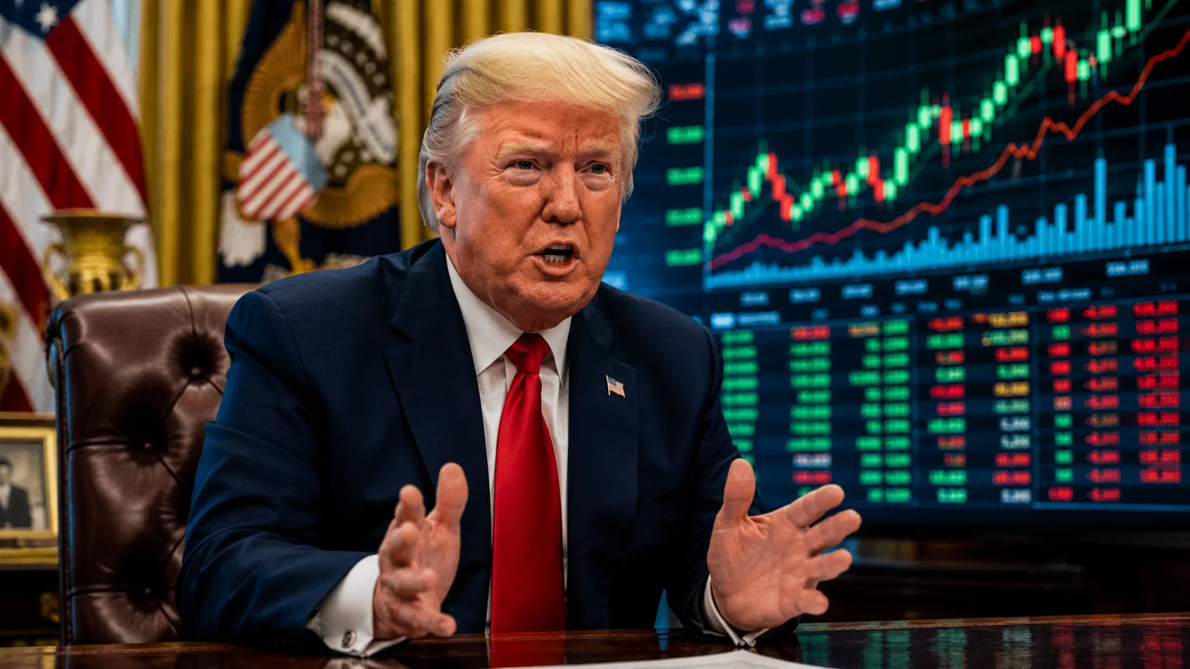 President Donald Trump speaking in the Oval Office with stock market charts displayed behind him during a discussion about the economy, the Federal Reserve, and financial markets.