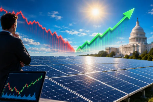 Solar panels under a bright sky with rising stock market graphics representing Wall Street's bullish outlook on First Solar following a sharp share price decline and anticipated U.S. trade policy changes.