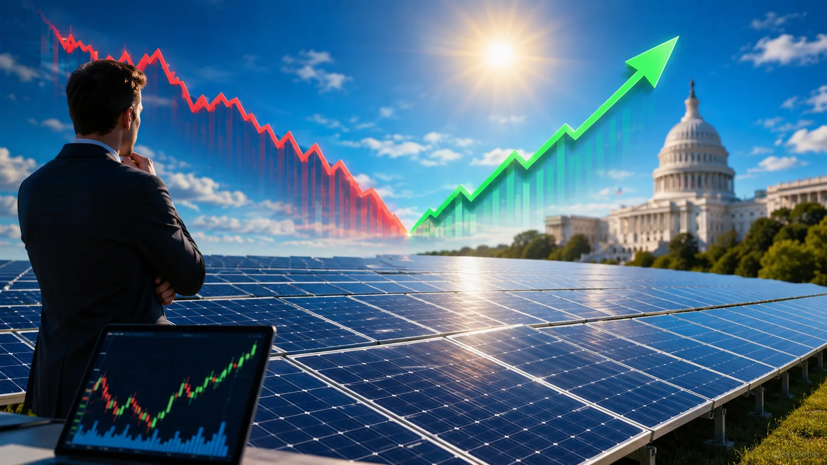 Solar panels under a bright sky with rising stock market graphics representing Wall Street's bullish outlook on First Solar following a sharp share price decline and anticipated U.S. trade policy changes.