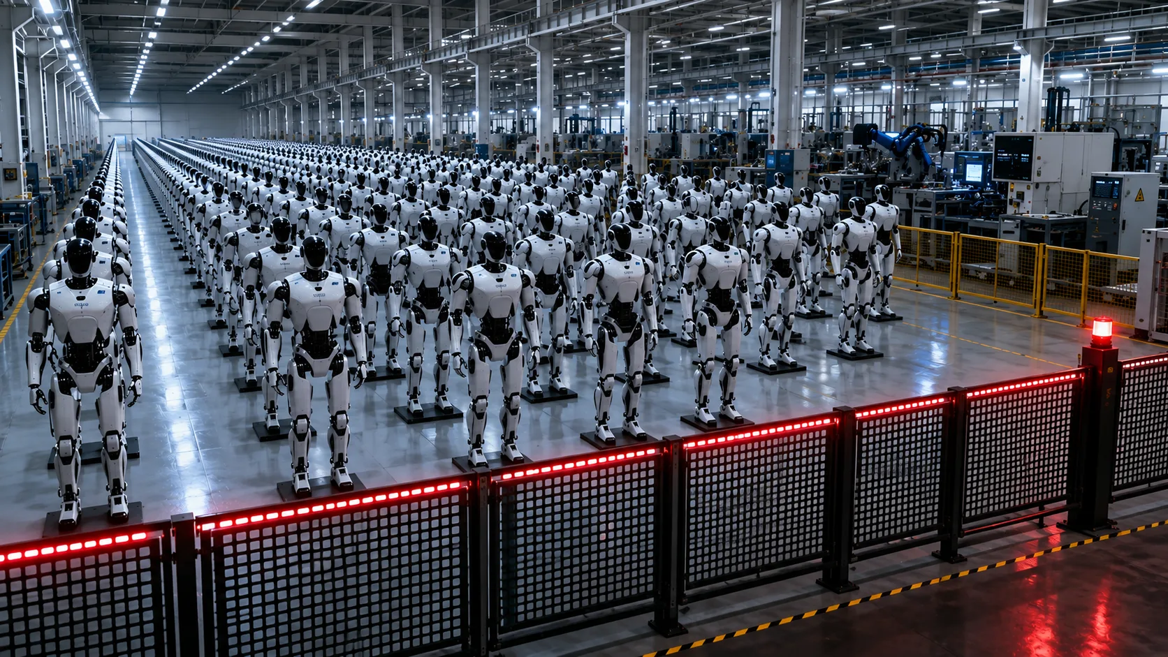 Rows of Chinese humanoid robots inside a factory behind a restricted security barrier following the U.S. import ban.