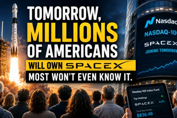 SpaceX rocket launch beside a Nasdaq-100 display illustrating the company's addition to the index and its impact on millions of investors.