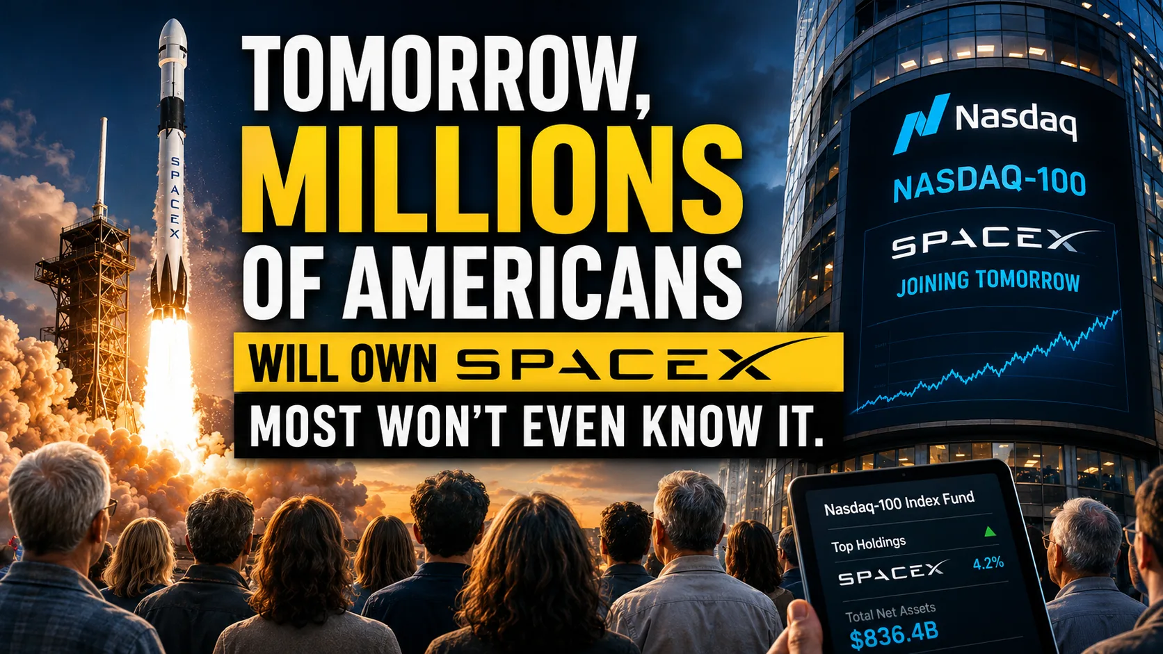 SpaceX rocket launch beside a Nasdaq-100 display illustrating the company's addition to the index and its impact on millions of investors.