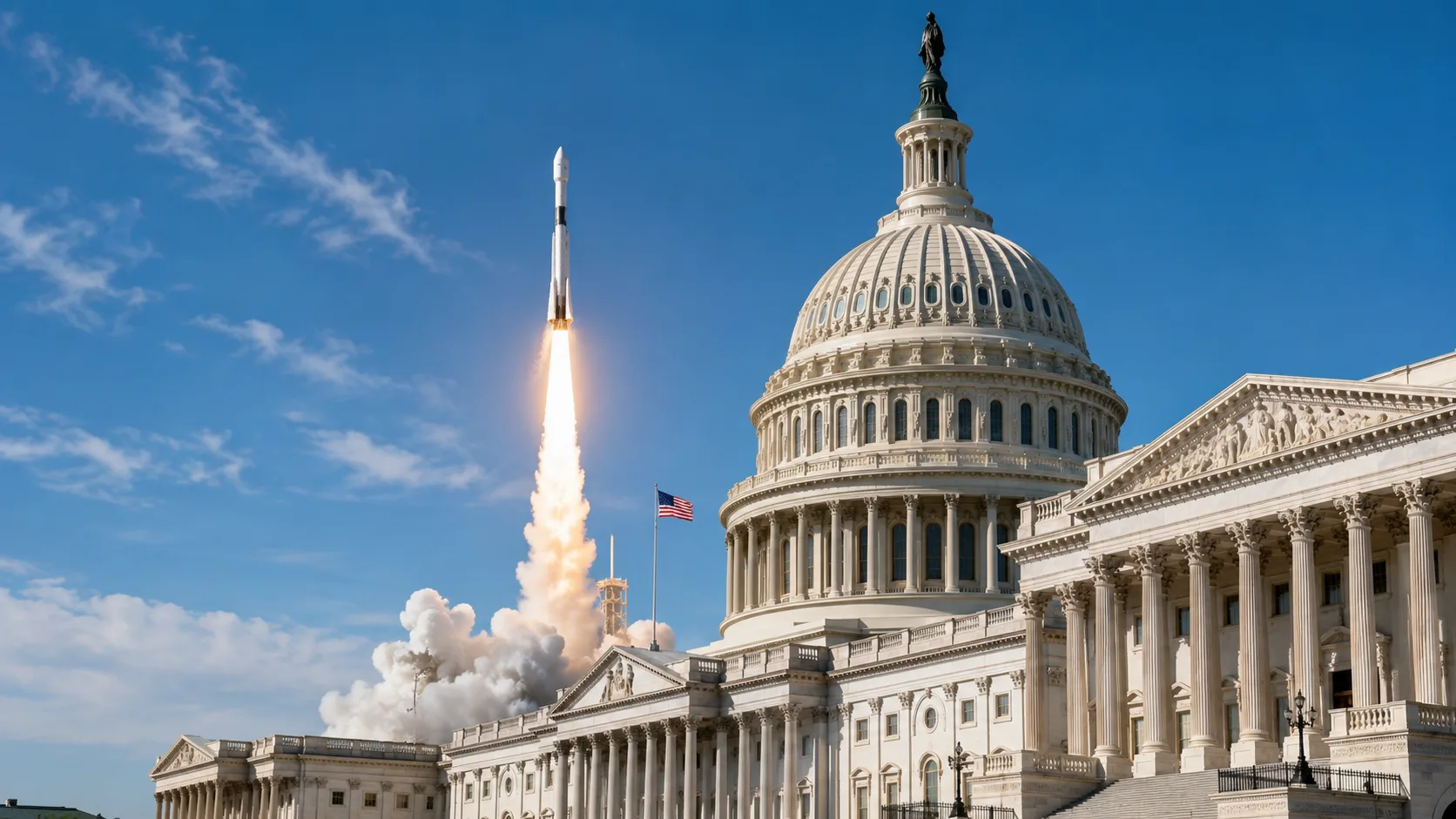 U.S. Capitol with a rocket launch symbolizing congressional SpaceX stock purchases and ethics concerns following the SpaceX IPO.