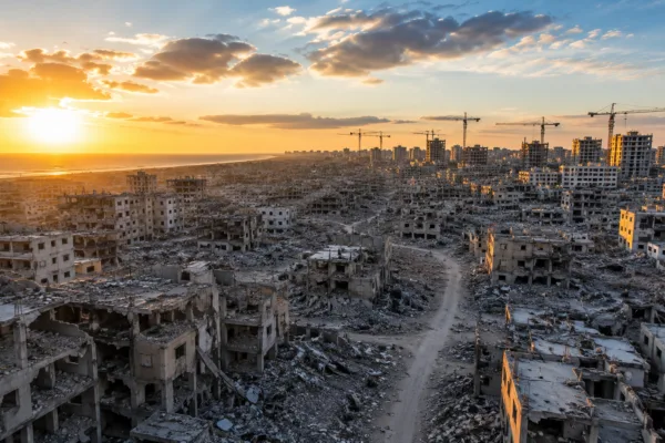 Aerial view of Gaza showing war-damaged buildings with construction cranes on the horizon, symbolizing the proposed transition from conflict to reconstruction.