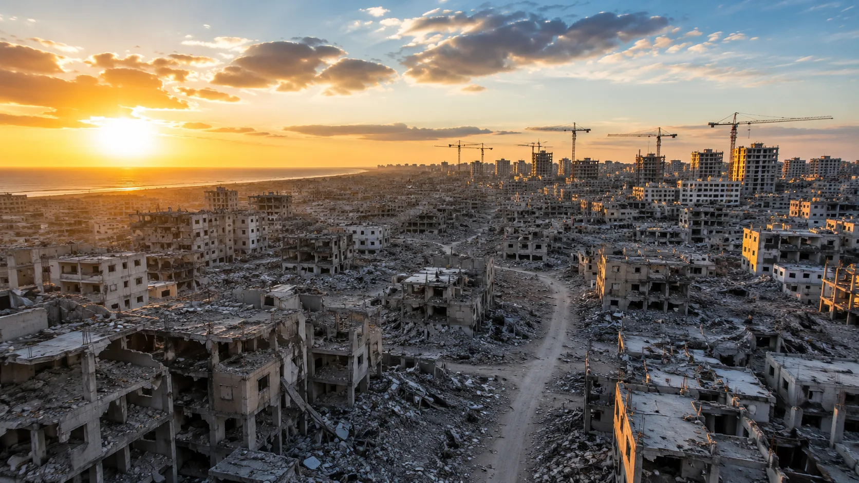Aerial view of Gaza showing war-damaged buildings with construction cranes on the horizon, symbolizing the proposed transition from conflict to reconstruction.