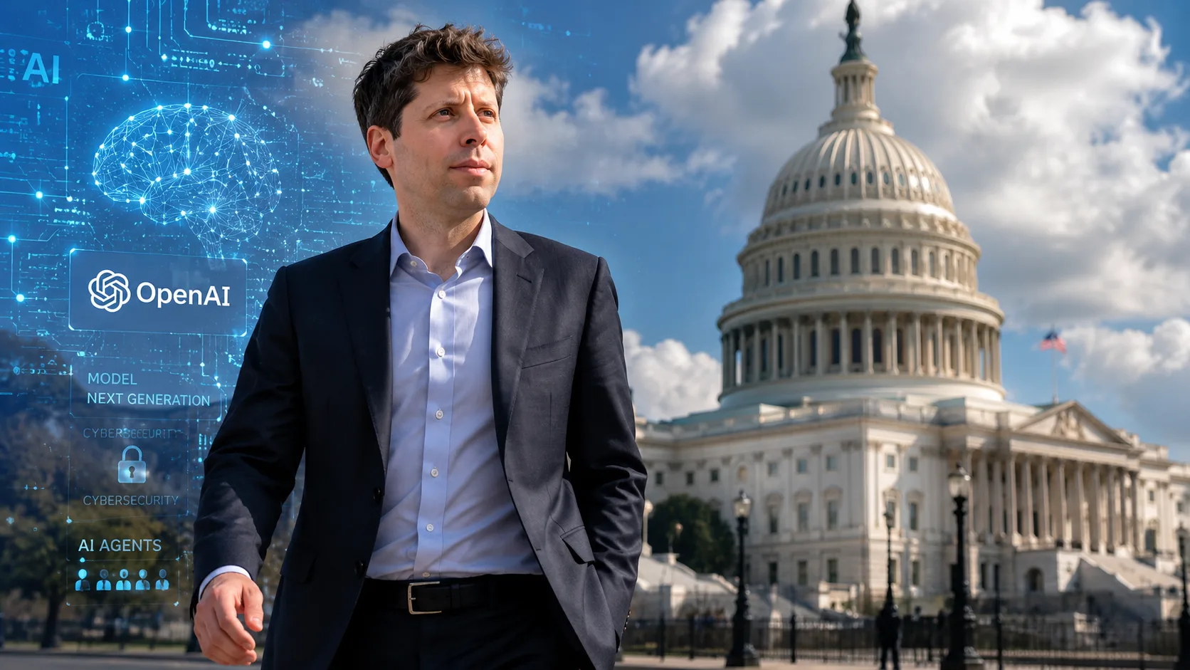 Sam Altman walks near the U.S. Capitol ahead of meetings with Trump administration officials and senators about OpenAI models, cybersecurity, and AI regulation.