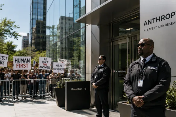 Security guards stand outside an AI company headquarters as protesters demonstrate against artificial intelligence amid growing security threats targeting tech executives.