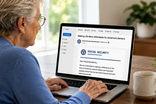 Senior reading the Frank Bisignano Social Security email on a laptop after Congress raised questions about the agency's tax relief claims.