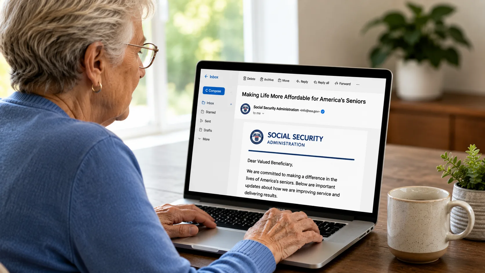 Senior reading the Frank Bisignano Social Security email on a laptop after Congress raised questions about the agency's tax relief claims.