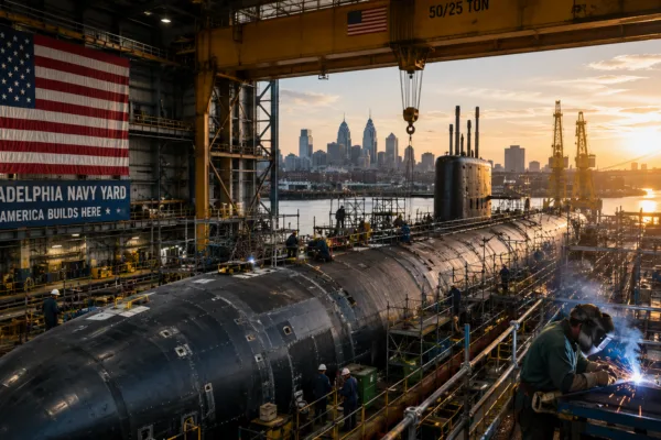 Workers construct a submarine at a U.S. shipyard as JPMorgan Chase announces new investment to expand American shipbuilding and defense manufacturing.