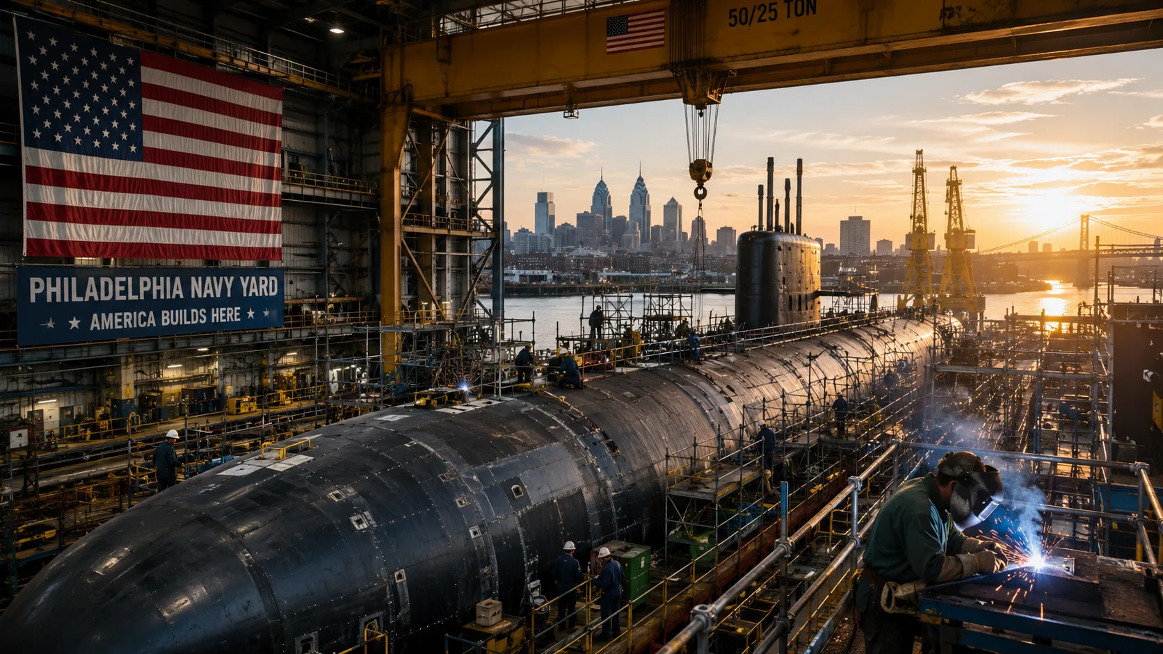 Workers construct a submarine at a U.S. shipyard as JPMorgan Chase announces new investment to expand American shipbuilding and defense manufacturing.