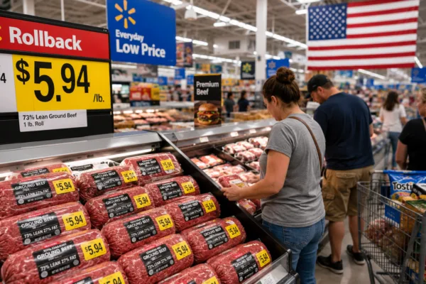 Shoppers browse discounted ground beef at a Walmart grocery store as the retailer lowers beef prices despite historically high cattle costs, highlighting growing competition in the U.S. grocery industry.