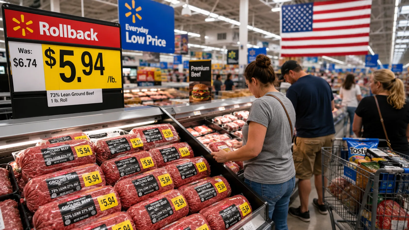 Shoppers browse discounted ground beef at a Walmart grocery store as the retailer lowers beef prices despite historically high cattle costs, highlighting growing competition in the U.S. grocery industry.