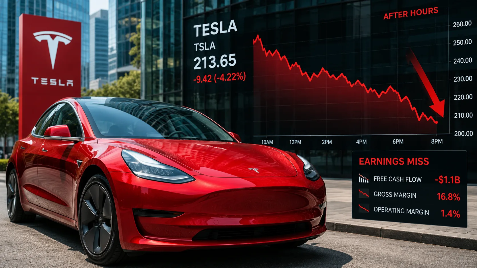 Tesla stock falls after earnings miss as negative free cash flow and shrinking profit margins pressure shares