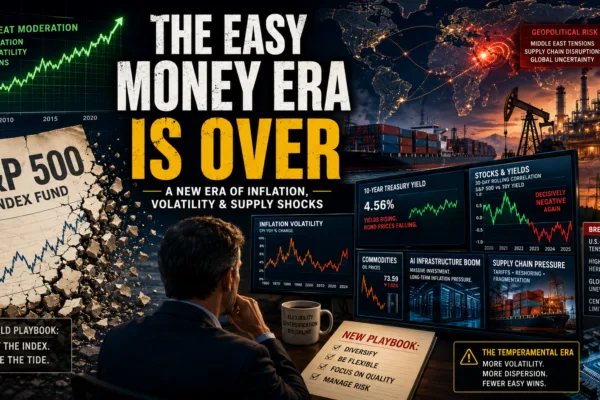 Investor analyzing multiple market indicators as inflation, Treasury yields, geopolitical risks, and supply chain disruptions replace the long-running era of easy index investing.
