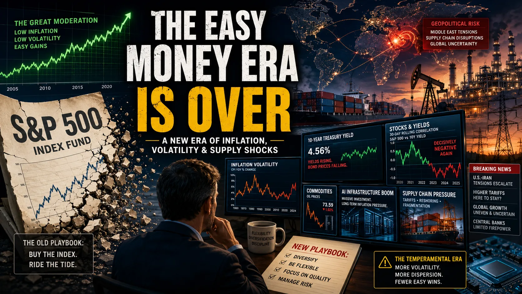 Investor analyzing multiple market indicators as inflation, Treasury yields, geopolitical risks, and supply chain disruptions replace the long-running era of easy index investing.