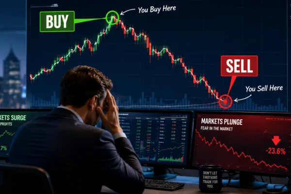 Investor buying near a market peak and selling after a decline, illustrating the common investing mistake of buying high and selling low during bull and bear markets.