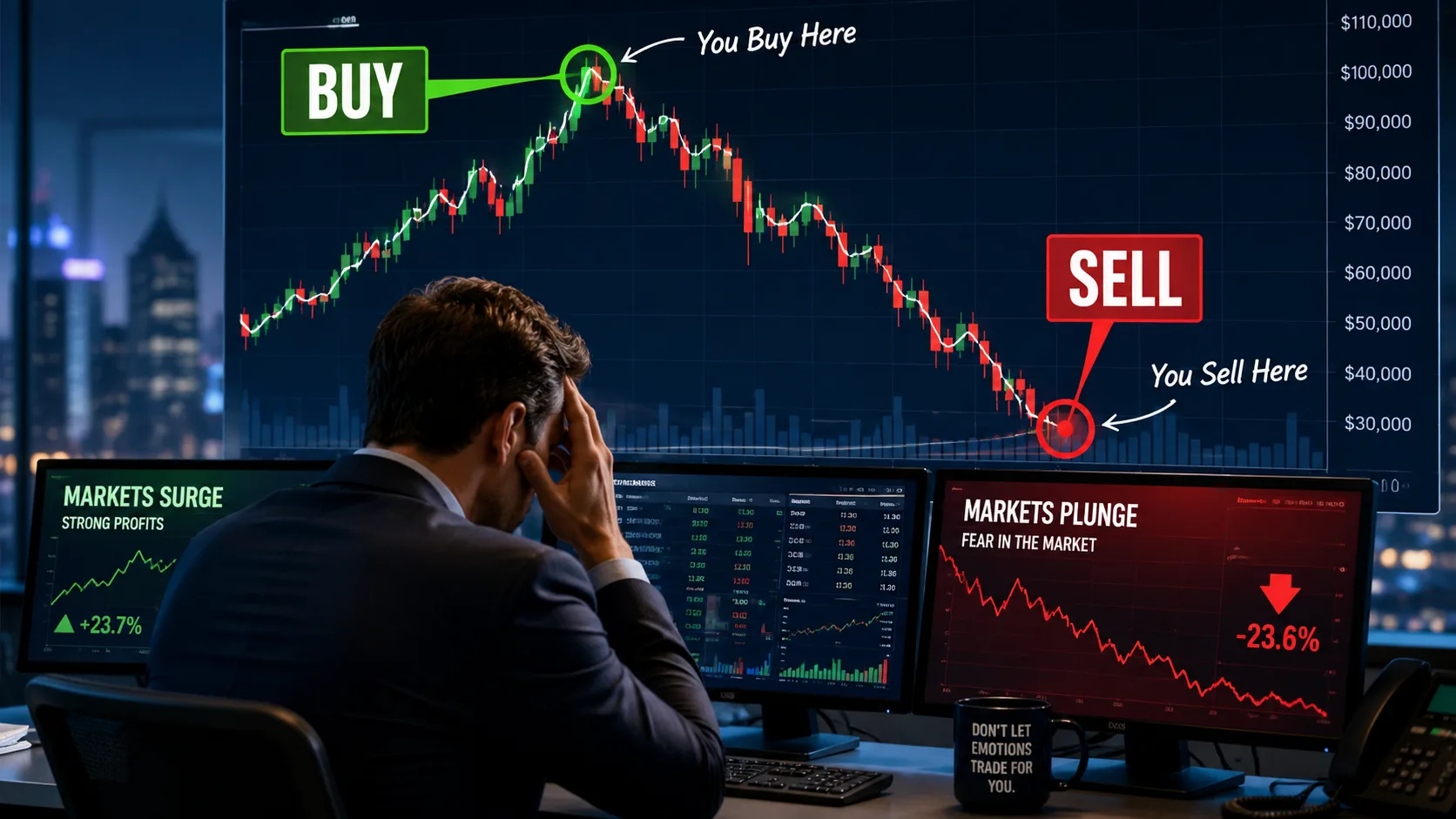Investor buying near a market peak and selling after a decline, illustrating the common investing mistake of buying high and selling low during bull and bear markets.