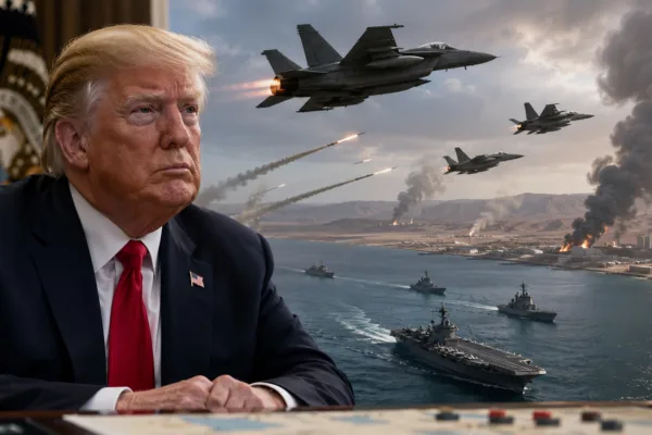President Donald Trump as U.S. military aircraft launch strikes against Iranian targets near the Strait of Hormuz amid concerns the conflict could become a prolonged war.
