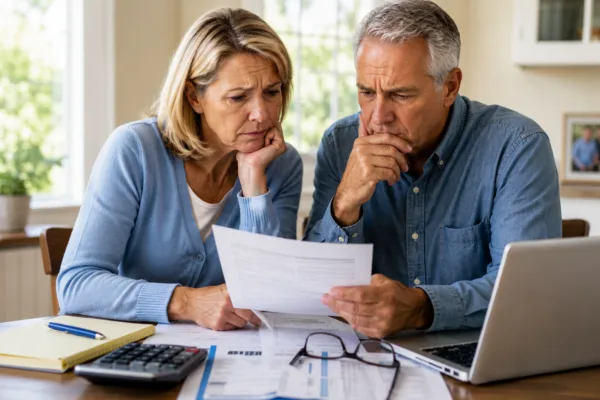 Older couple reviewing retirement savings and financial documents while planning for potential Social Security benefit cuts.