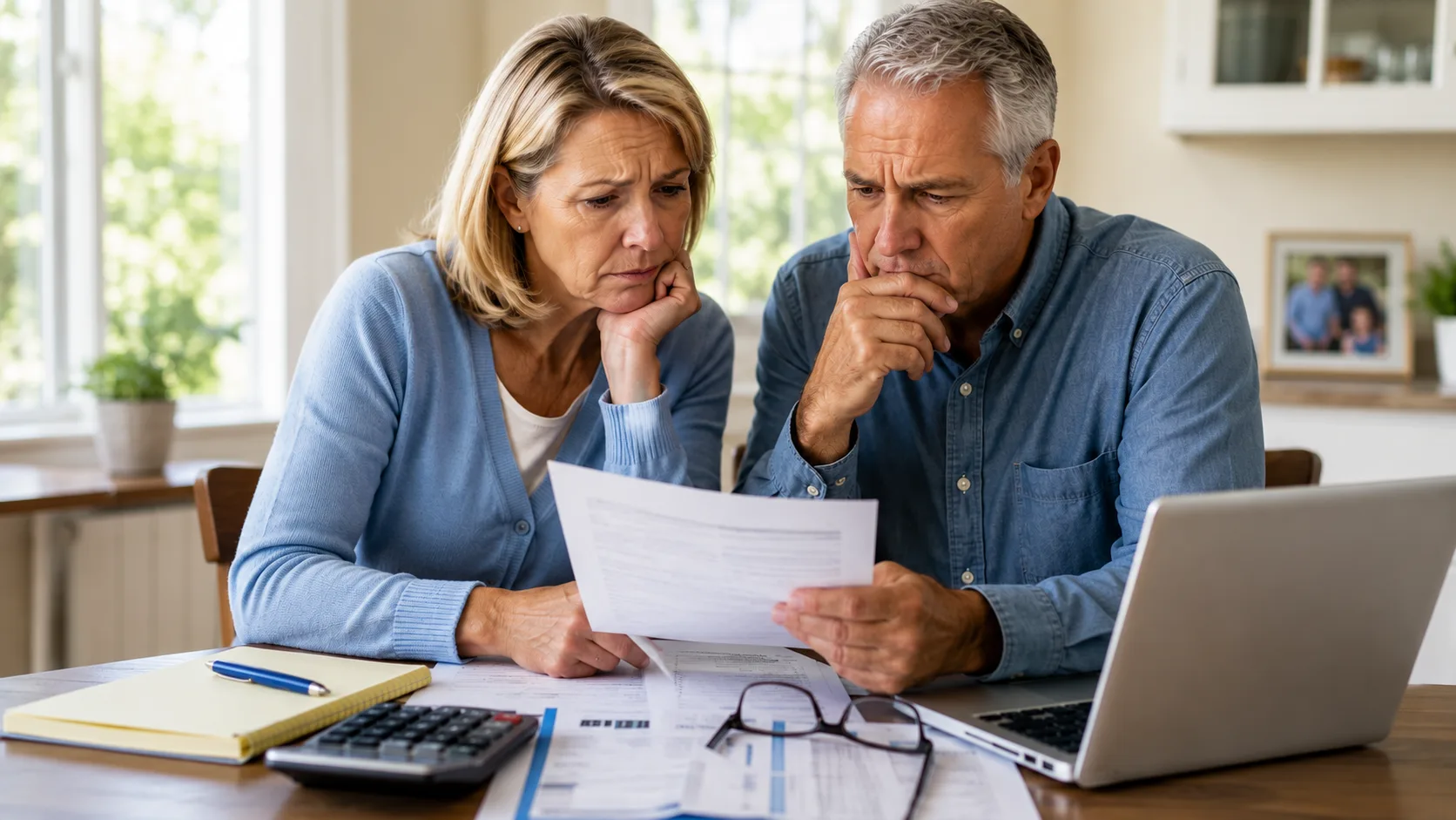 Older couple reviewing retirement savings and financial documents while planning for potential Social Security benefit cuts.