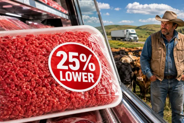 Ground beef marked 25% lower beside an American cattle rancher as tariff-free beef imports arrive.