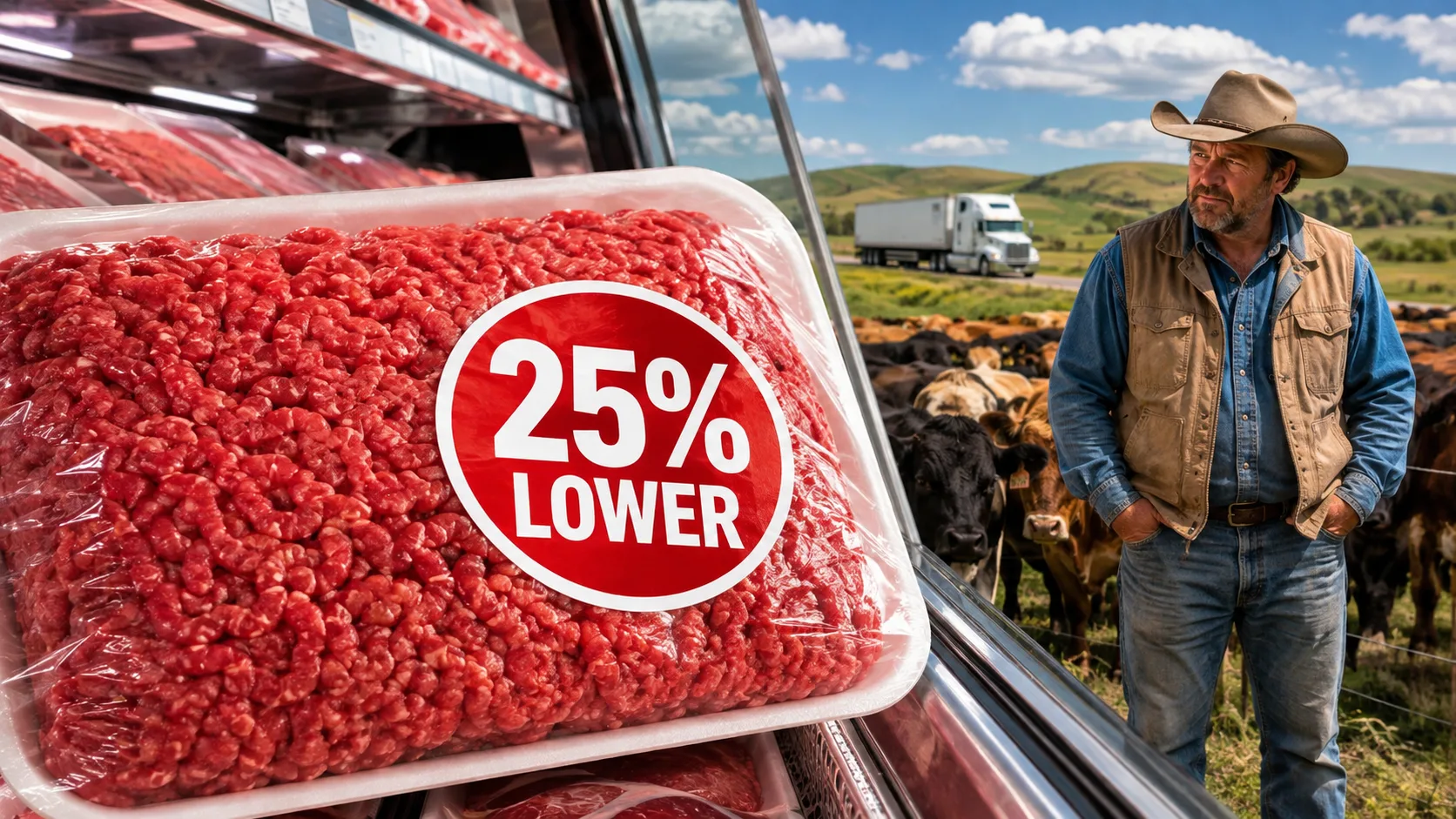 Ground beef marked 25% lower beside an American cattle rancher as tariff-free beef imports arrive.