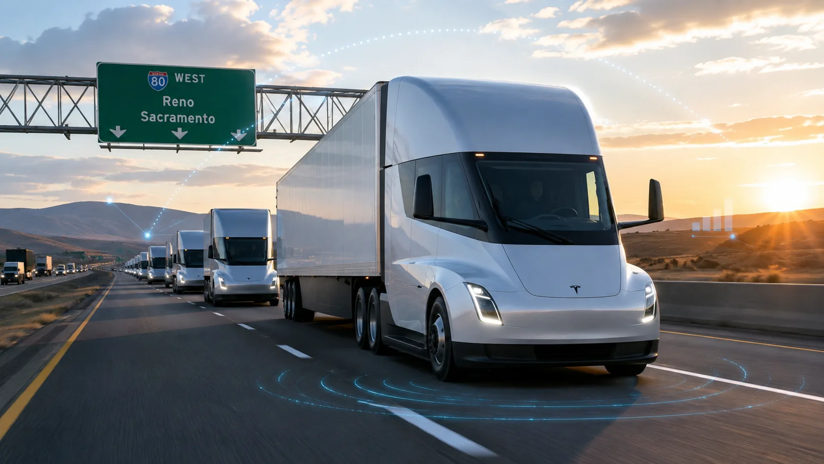 500 Tesla Semi trucks traveling on a U.S. highway as Tesla expands its electric trucking business