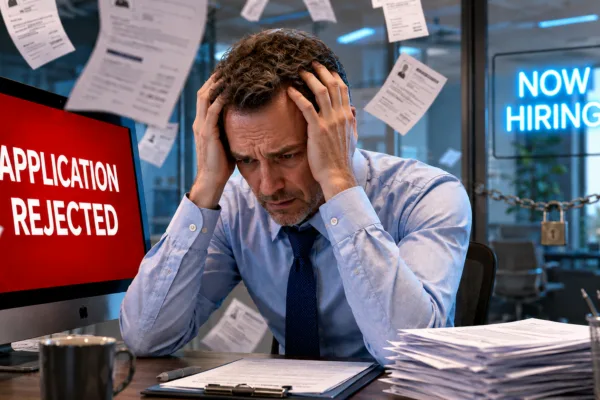 American professional sitting at a desk surrounded by hundreds of floating digital job applications