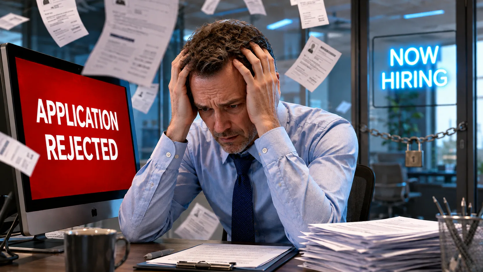 American professional sitting at a desk surrounded by hundreds of floating digital job applications