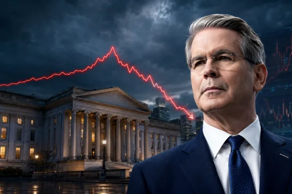 Scott Bessent outside the U.S. Treasury as a falling bond yield chart illustrates Treasury debt buybacks and market intervention.