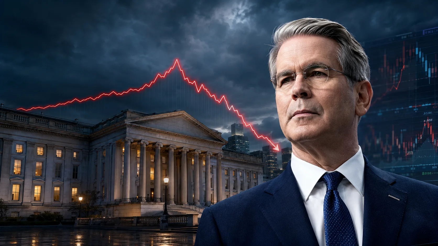 Scott Bessent outside the U.S. Treasury as a falling bond yield chart illustrates Treasury debt buybacks and market intervention.