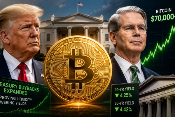 President Donald Trump, Treasury Secretary Scott Bessent and Bitcoin with a rising price chart above $70,000.