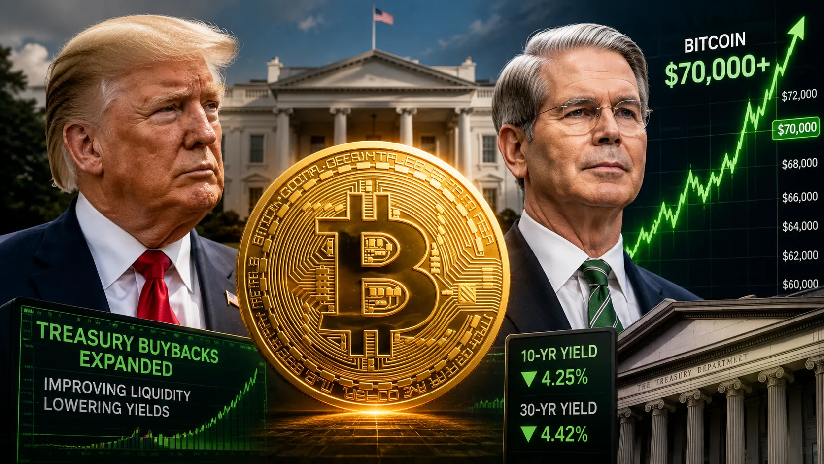 President Donald Trump, Treasury Secretary Scott Bessent and Bitcoin with a rising price chart above $70,000.
