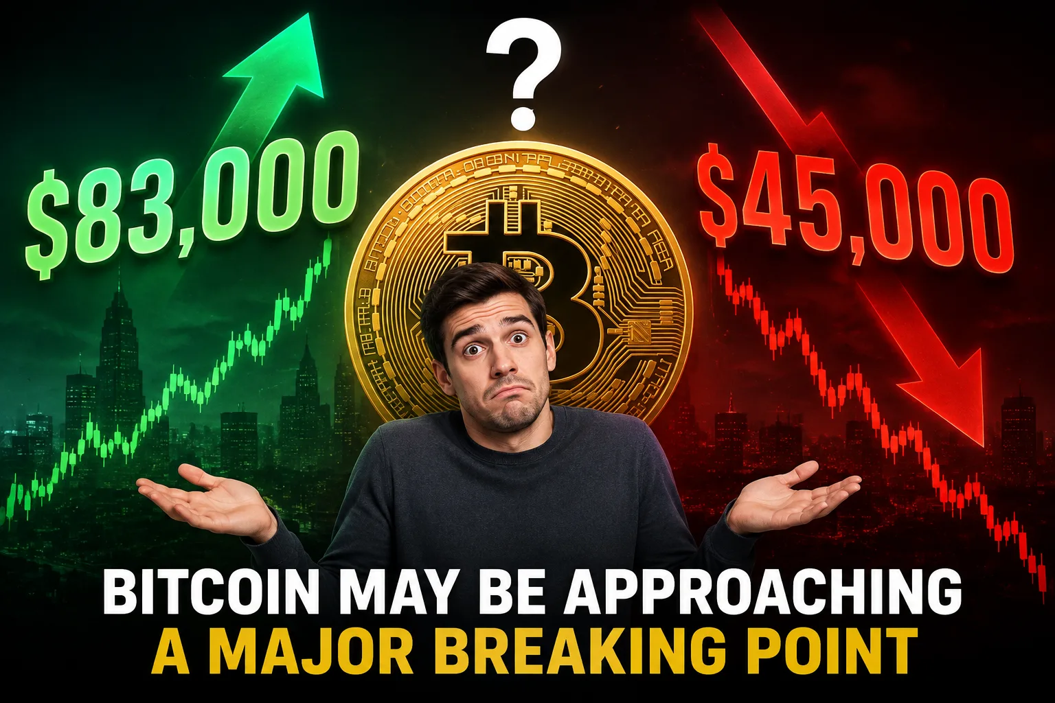 Bitcoin price prediction showing $83,000 upside or $45,000 downside as investors brace for a major Bitcoin move