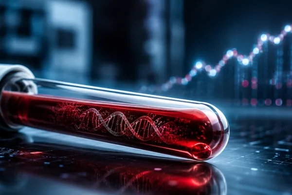 Blood sample with DNA visualization representing Freenome cancer screening technology and cancer detection testing.